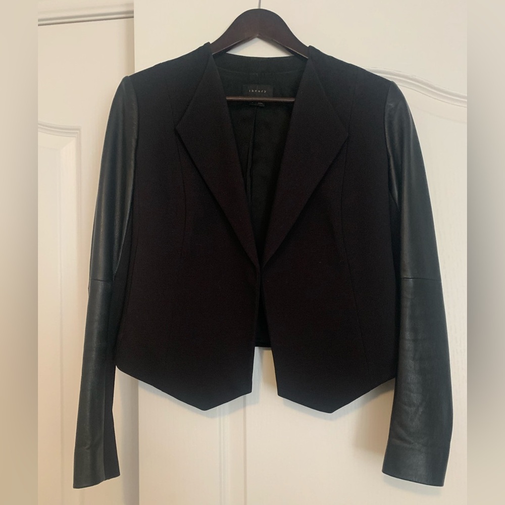 Theory black blazer with leather sleeves size 0